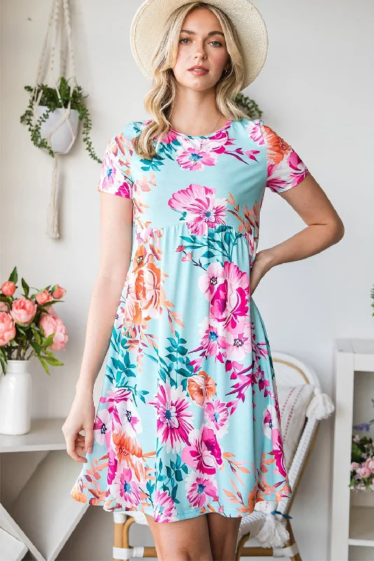 Floral Round Neck Short Sleeve Mini Dress Casual V-Neck Mini Dress