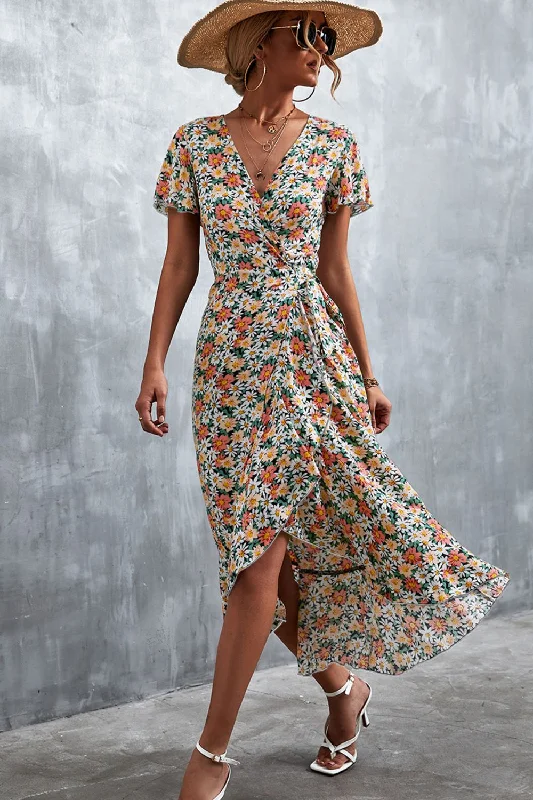 Floral Surplice Neck Tied Midi Dress Chic Lace Detail Midi Dress