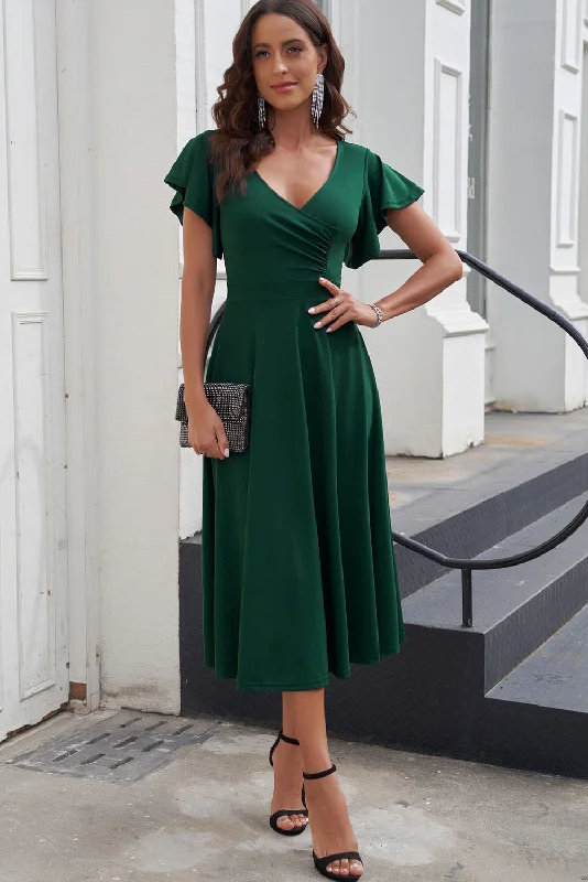 Flutter Sleeve Surplice Midi Dress Comfortable Stretch Midi Dress