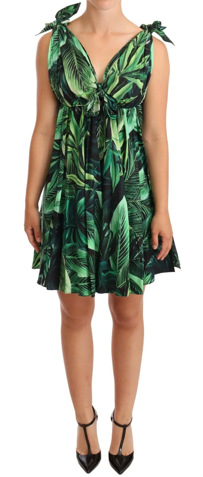 Green Leaves Print Cotton Flared Mini Dress Elegant Off-Shoulder Dress Mini