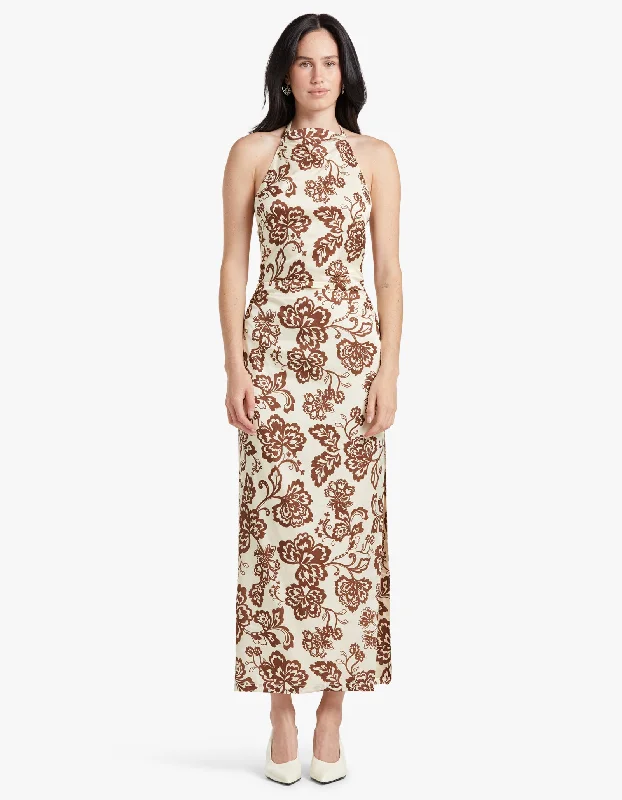 Robbie Midi Dress - Cream Chocolate Floral Fashionable Pencil Midi Dress