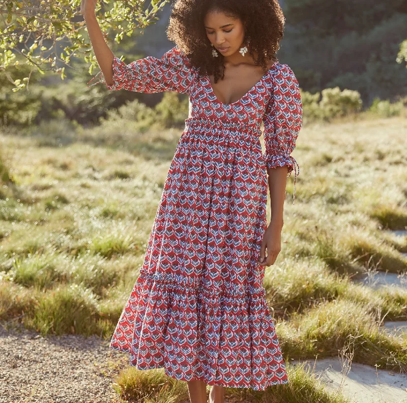 Hayley Puff Sleeve Midi Dress - Carmine/Crimson Floral Comfortable Ribbed Midi Dress