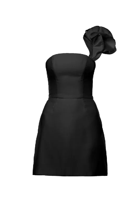 JOY BLACK MINI DRESS WITH BIG FRILL Cozy A-Line Mini Dress