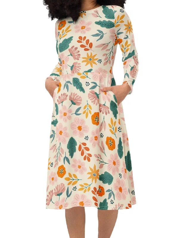 Kiss of Autumn Floral Midi Dress (S-4XL) Trendy A-Line Midi Dress