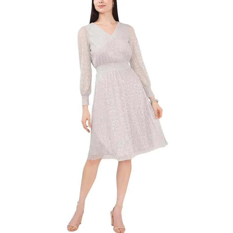 MSK - Smocked Knee Length MIDI Dress Fashionable Sheer Sleeve Midi Dress