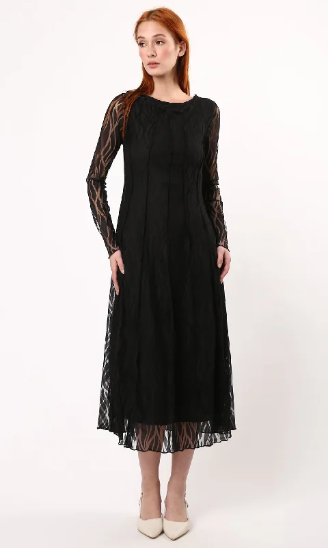 O178290 Sheer Sleeves Patterned Black Midi Dress Fashionable A-Line Midi Dress