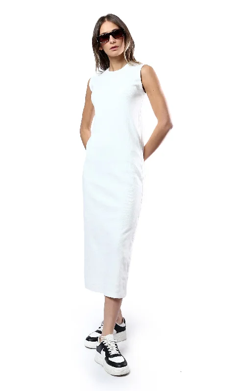 O182018 Slip On Casual Off-White Midi Dress Trendy Midi Dress with Belt