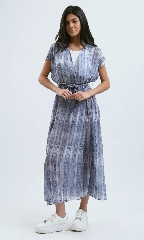 O182055 Slip On Patterned Grey Chiffon Midi Dress Fashionable Pleated Midi Dress