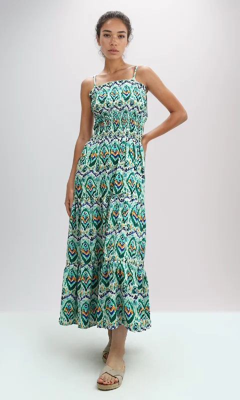 O192255 Green & Blue Ruffle Sleeveless Midi Dress Stylish Off-Shoulder Ruffle Dress