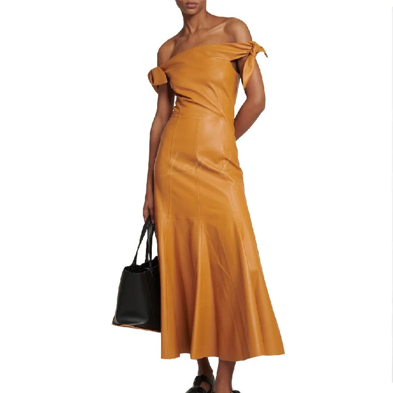 Off-Shoulder Women Leather Midi Dress Cozy A-Line Midi Dress