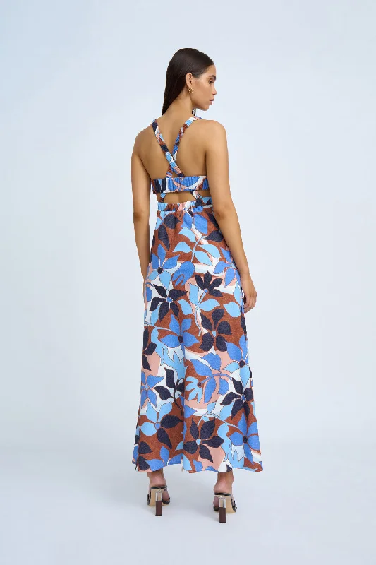 Ophelia Floral Bias Midi Dress | Final Sale - Navy Tan Brown Ivory Trendy Off-Shoulder Button Midi Dress