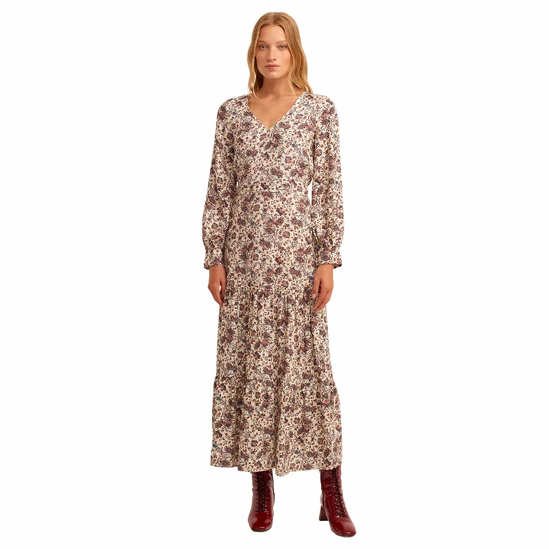 OXXO - Mixed Floral print tiered midi dress Trendy Long Sleeve Midi Dress