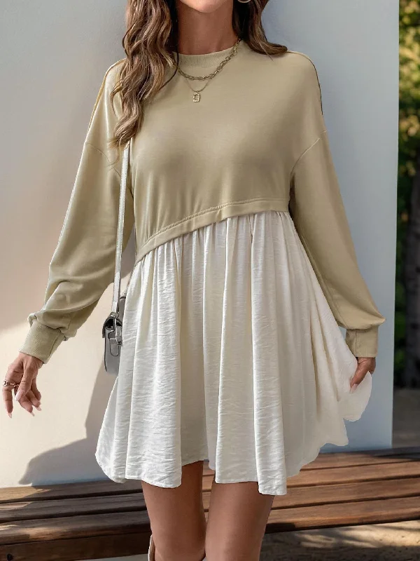 Perfee Contrast Round Neck Long Sleeve Mini Dress Cozy Knitted Mini Dress