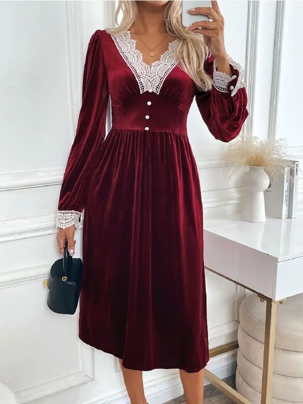 Perfee Lace Detail V-Neck Long Sleeve Midi Dress Trendy Boho Midi Dress