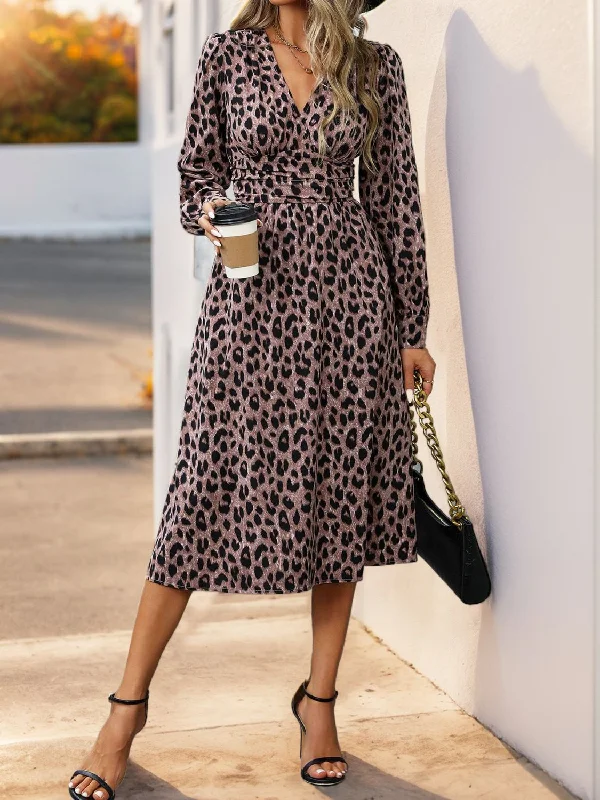 Perfee Leopard Surplice Long Sleeve Midi Dress Elegant Satin Slip Midi Dress