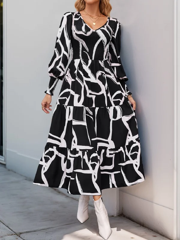 Perfee Smocked Printed Long Sleeve Midi Dress Classic Black Midi Dress