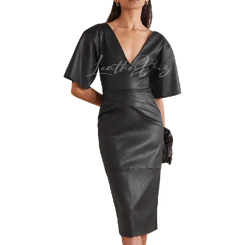 PLEATED STYLE PARTY LEATHER MIDI DRESS Chic Lace Detail Midi Dress