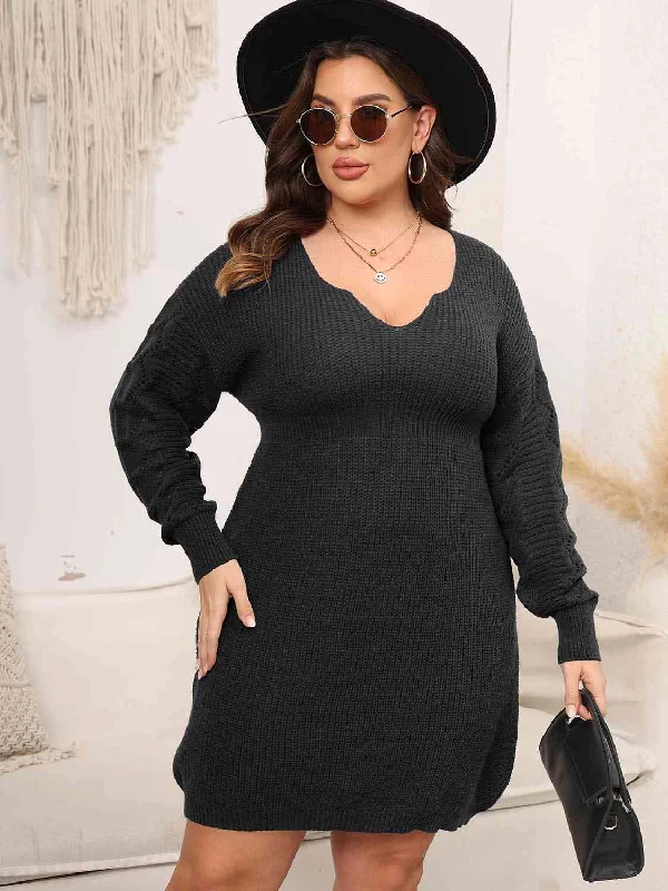 Plus Size Dropped Shoulder Long Sleeve Knit Mini Dress Casual Button-Up Mini Dress