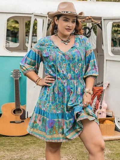 Plus Size Printed Tie Neck Mini Dress Comfortable Smocked Mini Dress