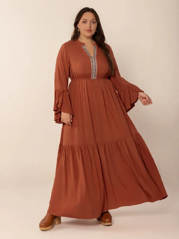 Plus Size Ruffled Notched Long Sleeve Midi Dress Trendy Smocked Detail Midi Dress