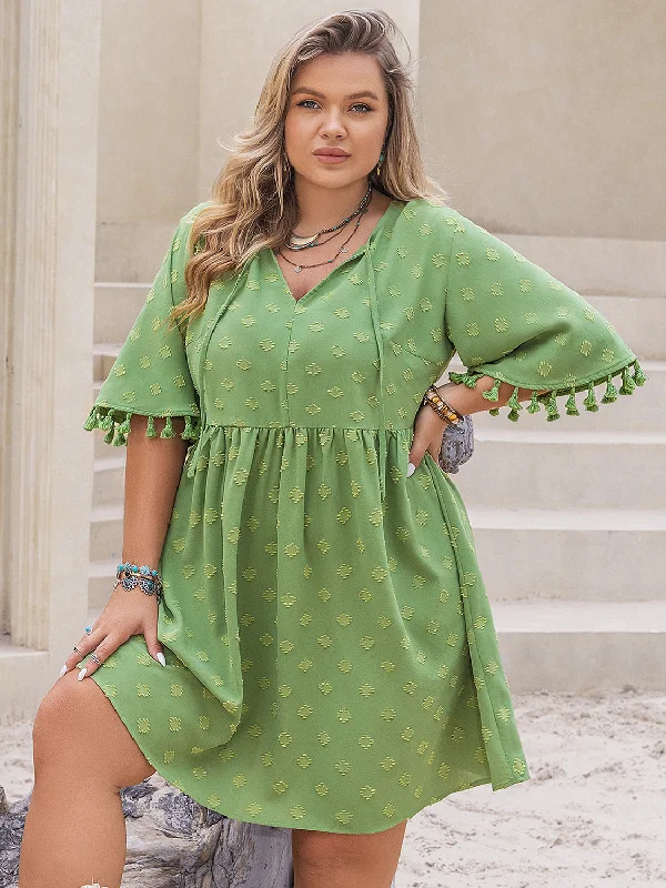 Blue Zone Planet | Plus Size Tied Tassel Half Sleeve Mini Dress Stylish Sweetheart Neck Mini Dress Blue Zone Planet | Plus Size Tied Tassel Half Sleeve Mini Dress Stylish Sweetheart Neck Mini Dress