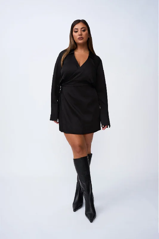 Portia Wrap Mini Dress | Final Sale - Black Fashionable Off-Shoulder Mini Dress