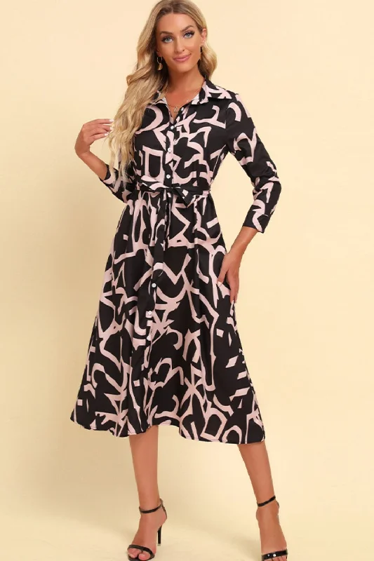 Printed Button Front Belted Midi Dress Fashionable One-Shoulder Midi Dress