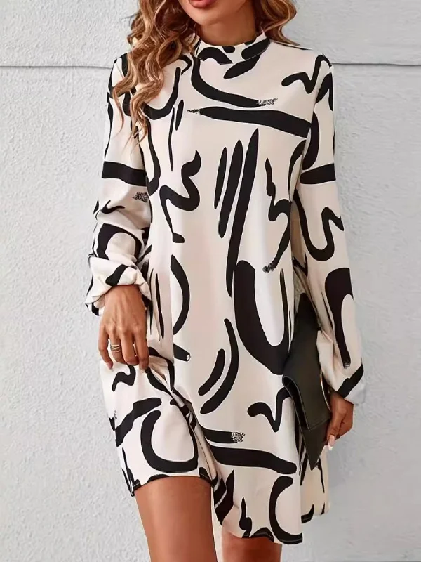 Printed Mock Neck Long Sleeve Mini Dress Fashionable Mini Dress with Slits