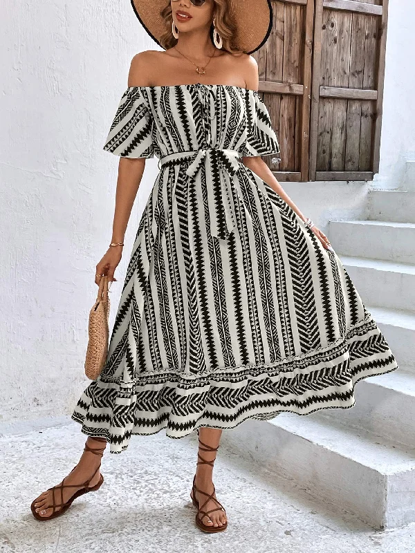 Printed Off-Shoulder Tie Belt Midi Dress Fashionable Skater Midi Dress