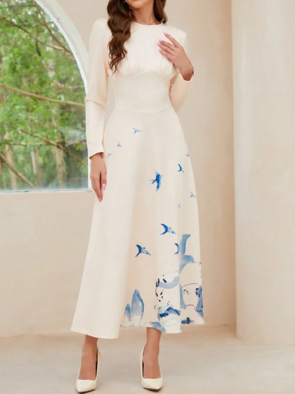 Printed Round Neck Long Sleeve Midi Dress Fashionable Pleated Midi Dress