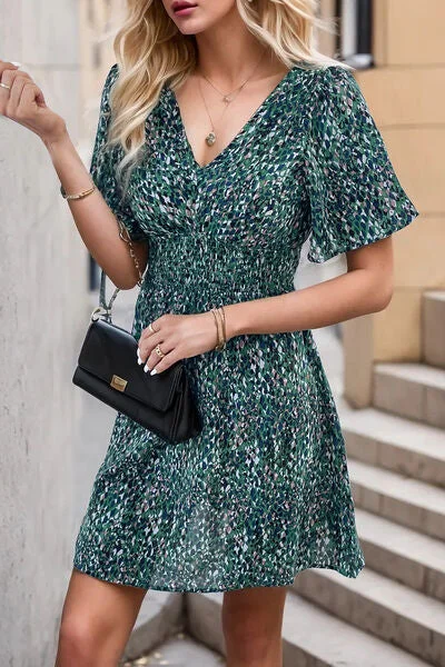 Printed Smocked Crisscross V-Neck Mini Dress Cozy Jersey Mini Dress