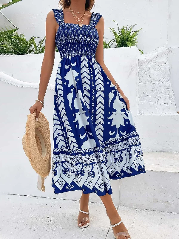 Printed Square Neck Sleeveless Midi Dress Elegant Sleeveless Midi Dress