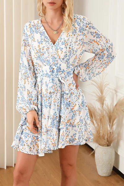 Printed Surplice Balloon Sleeve Mini Dress Comfortable One-Shoulder Mini Dress