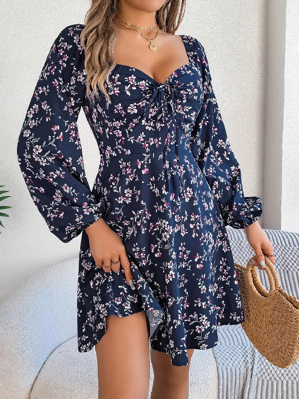 Printed Sweetheart Neck Balloon Sleeve Mini Dress Fashionable Denim Mini Dress