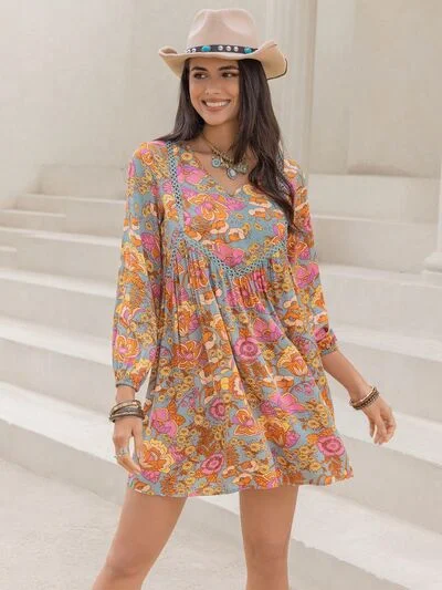 Printed V-Neck Balloon Sleeve Mini Dress Elegant Lace-Up Mini Dress