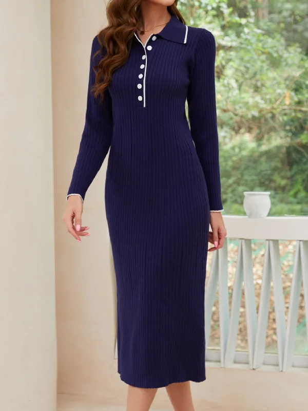 Quarter Button Long Sleeve Midi Dress Chic Bohemian Midi Dress