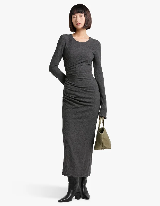 Beau Gathered Long Sleeve Midi Dress - Dark Ash Trendy Shift Midi Dress