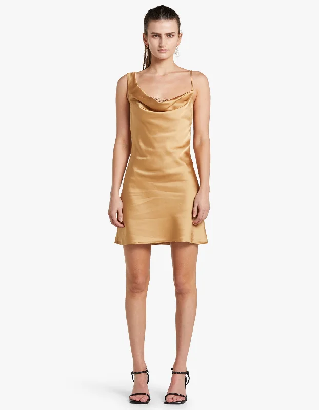 Elodie Mini Dress - Gold Fashionable Lace-Trim Mini Dress