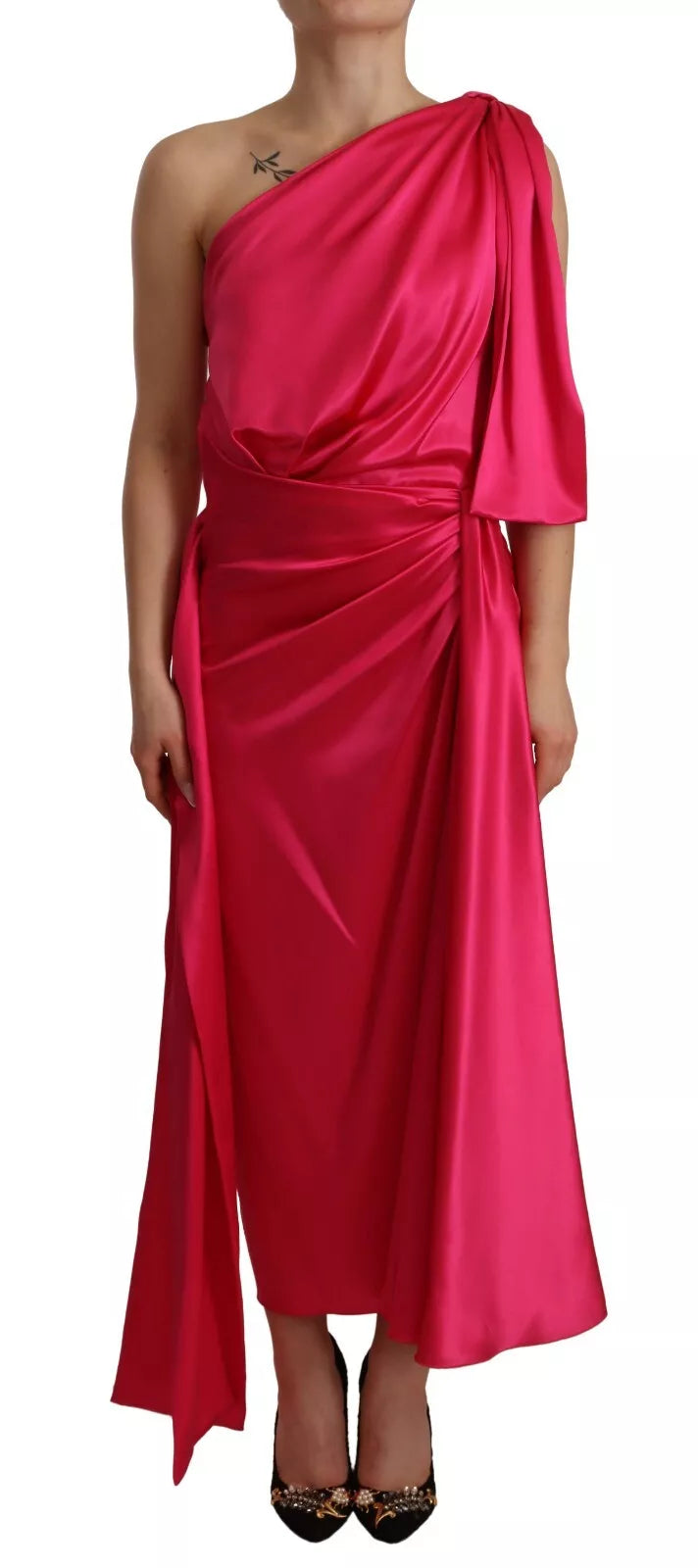 Silk Pink Fitted Cut One Shoulder Midi Dress Comfortable Deep V Midi Dress