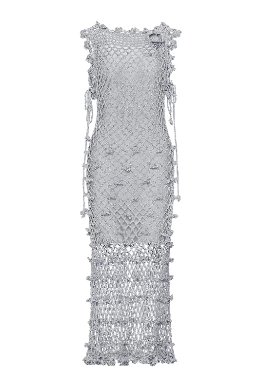 SOFIA SILVER HANDMADE CROCHET MIDI DRESS Cozy Wide Strap Midi Dress