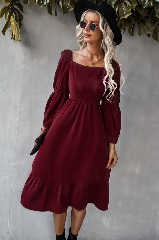 Square Neck Ruffle Hem Long Bubble Sleeve Midi Dress Cozy Wide Strap Midi Dress