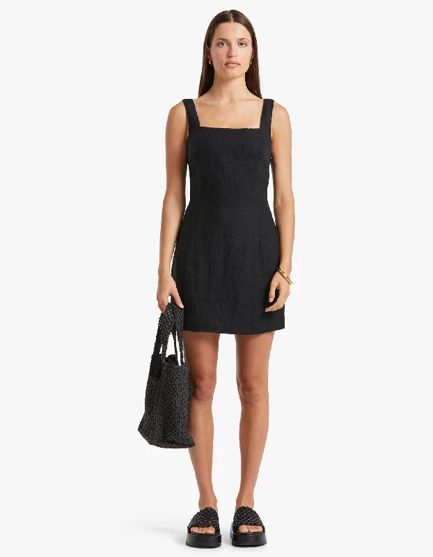 Linen Square Neck Mini Dress - Black Fashionable Summer Mini Dress