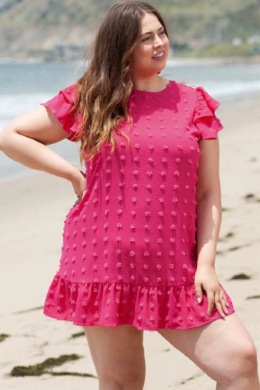 Blue Zone Planet |  Strawberry Pink Plus Size Jacquard Short Ruffle Sleeve Mini Dress Comfortable Boho Mini Dress