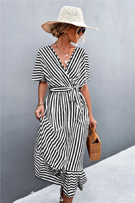 Striped Tie Belt Midi Dress Elegant Faux Wrap Midi Dress