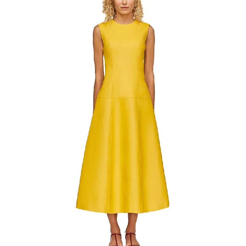 Sunshine Leather Flared Midi Dress For Women Elegant Sleeveless Midi Dress