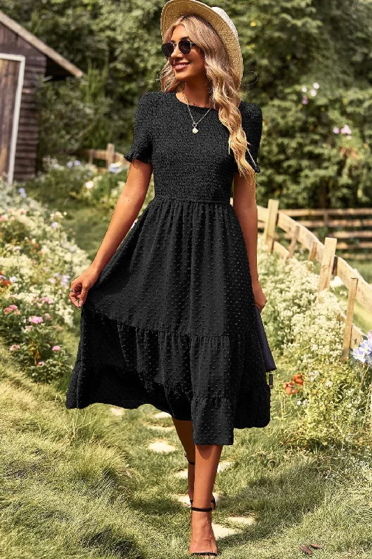 Swiss Dot Smocked Round Neck Short Sleeve Midi Dress Trendy A-Line Midi Dress