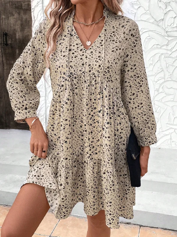 Tied Printed Long Sleeve Mini Dress Elegant Satin Mini Dress