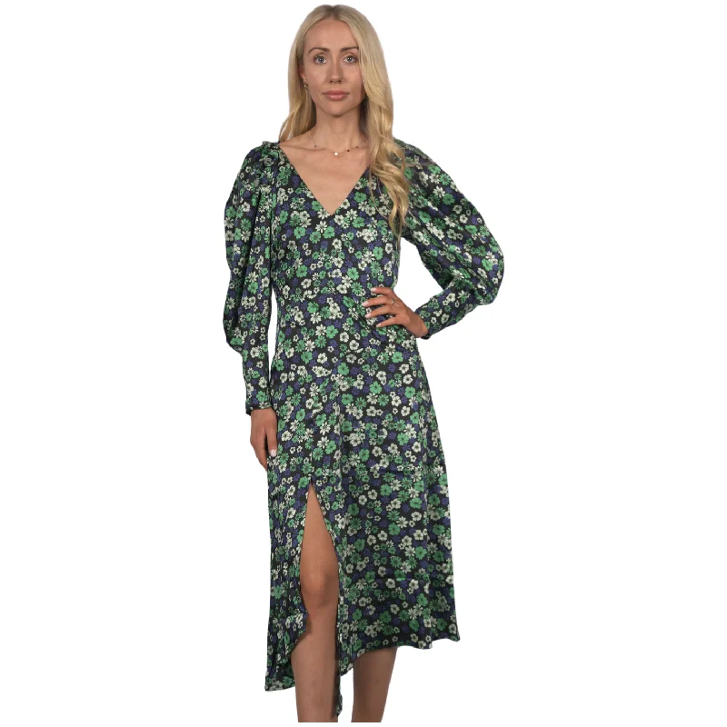 Topshop Women's Longsleeve Satin Floral Print Midi Dress - Green Stylish Vintage Midi Dress