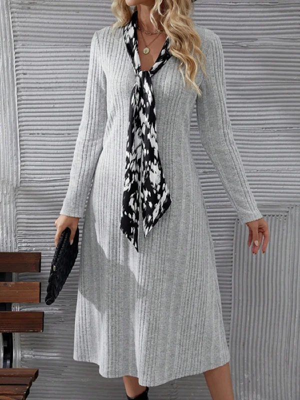 V-Neck Long Sleeve Midi Dress Stylish Button-Up Midi Dress