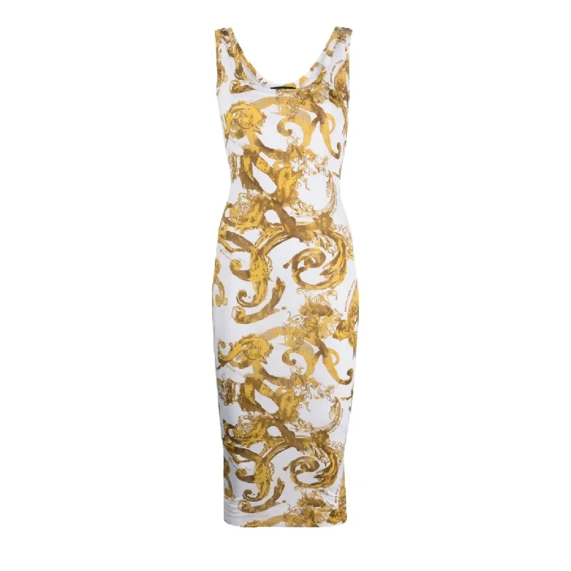 Versace Jeans Couture Watercolour Barocco White Midi Dress Fashionable Shift Midi Dress